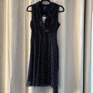 Chaps Blue Ruffle V-Neck Polka Dot Tie Chiffon Dress Size 4 NWT. Lined